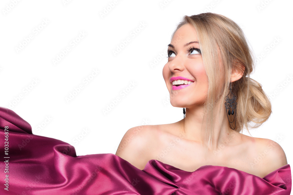 Fashionable portrait of a girl model with waving silk scarf. Fashion, glamour accessories, evening makeup. Freedom spring bright style, lady isolated on white background. Fashionable portrait of a girl model with waving silk scarf. Fashion, glamour accessories, evening makeup. Freedom spring bright style, lady isolated on white background.
