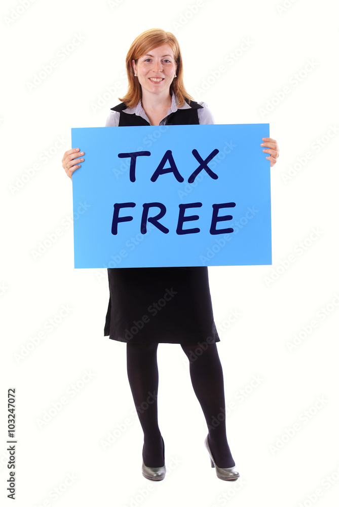 Young beauty business woman with tax free text Young beauty business woman with tax free text