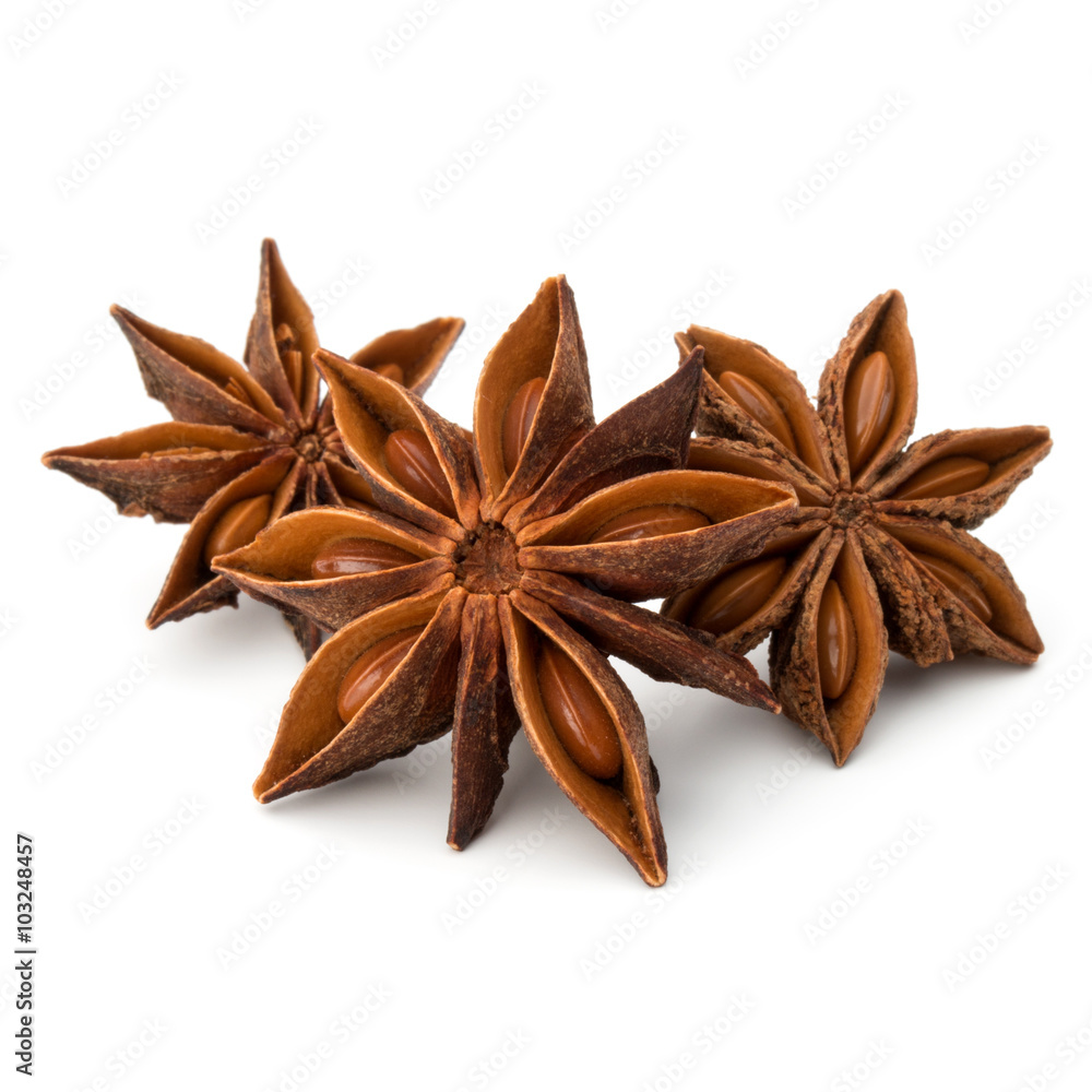 Star anise spice fruits and seeds isolated on white background c Star anise spice fruits and seeds isolated on white background c