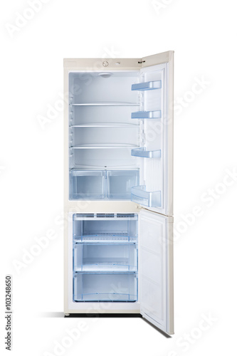 beige refrigerator with open door isolated on white