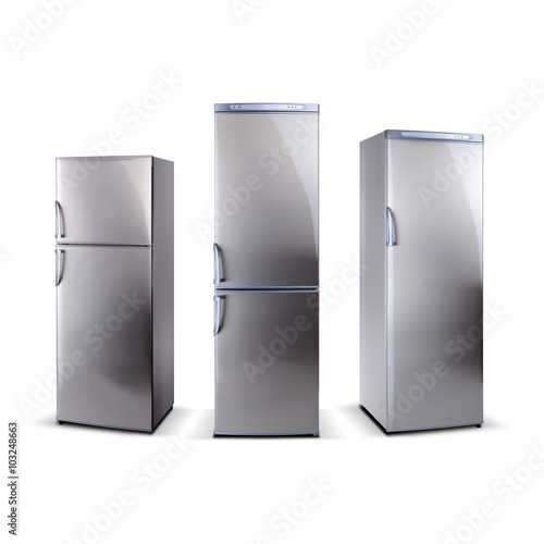 three stainless steel refrigerators isolated on white