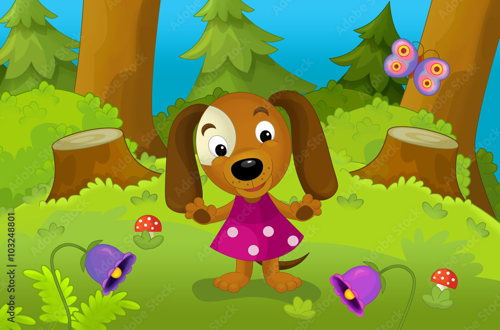 Fototapeta premium Happy cartoon scene with a young dog - illustration for the children