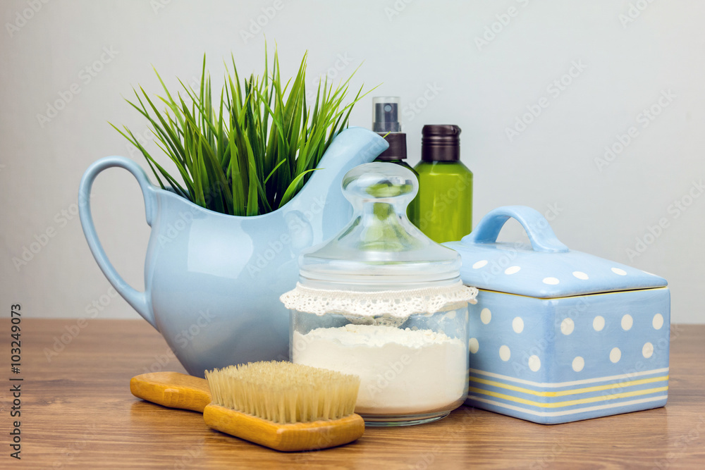 Bath accessories. Personal hygiene items. Bathroom setting. Composition