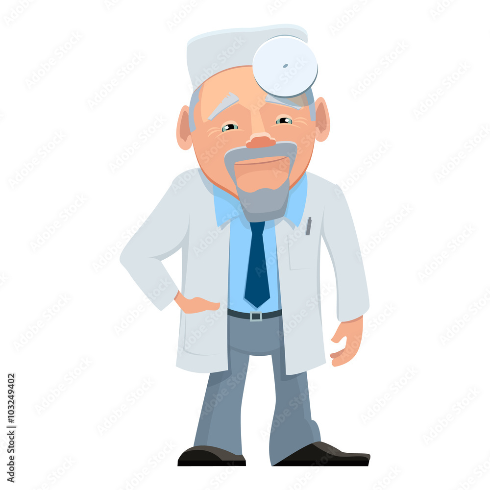 Vector illustration of a doctor in a white uniform. Cartoon happy smiling doctor isolated. Doctor otolaryngologist with stethoscope and paperwork in hand. Medical cartoon person. Vector illustration of a doctor in a white uniform. Cartoon happy smiling doctor isolated. Doctor otolaryngologist with stethoscope and paperwork in hand. Medical cartoon person.