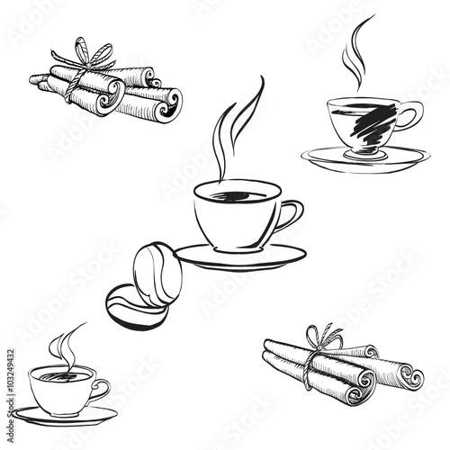 cinnamon, coffee, ink drawing brush isolated vector