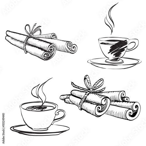 cinnamon, coffee, ink drawing brush isolated vector