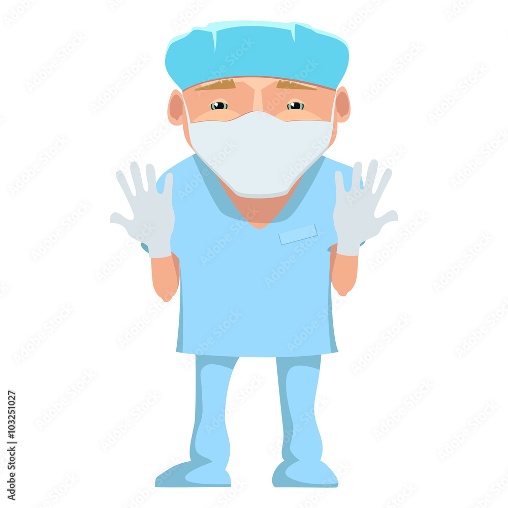 Vector illustration of a surgeon in a blue uniform. Cartoon happy smiling surgeon with mask and gloves isolated. Doctor in mask and gloves . Medical cartoon person. Vector illustration of a surgeon in a blue uniform. Cartoon happy smiling surgeon with mask and gloves isolated. Doctor in mask and gloves . Medical cartoon person.
