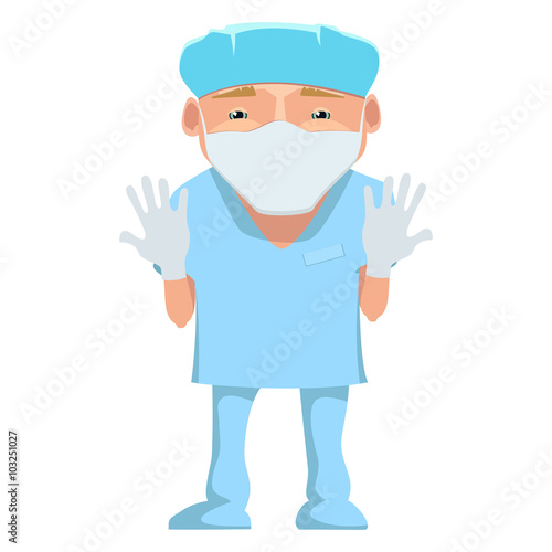 Vector illustration of a surgeon in a blue uniform. Cartoon happy smiling surgeon with mask and gloves isolated. Doctor in mask and gloves . Medical cartoon person.