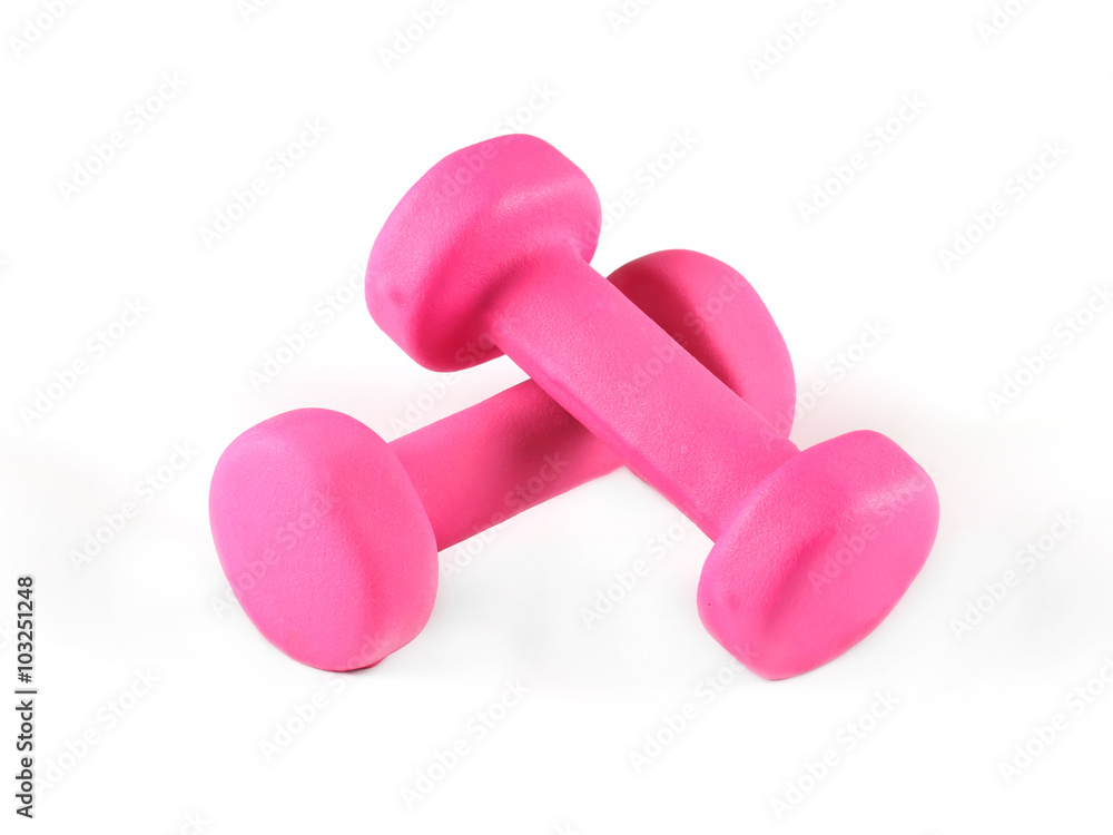 Two pink glossy dumbbell isolated on white Two pink glossy dumbbell isolated on white