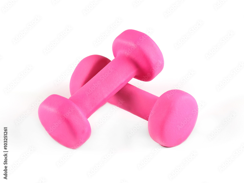Two pink glossy dumbbell isolated on white Two pink glossy dumbbell isolated on white