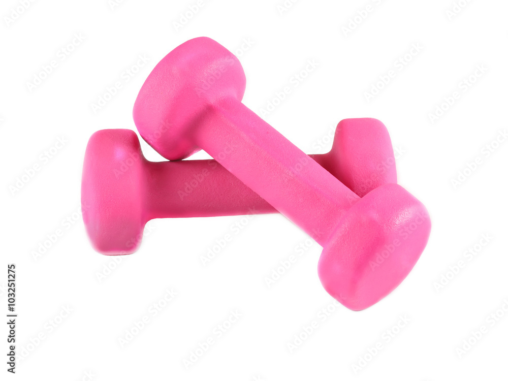 Two pink glossy dumbbell isolated on white Two pink glossy dumbbell isolated on white