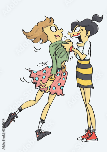 Illustration of two girls, one frantically pulling another because overjoyed. A friend with excellent news.