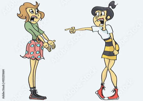 Two girls in a fight, screaming at each other.