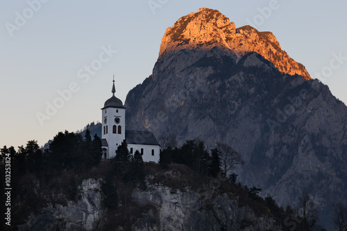 Church of Traunkirchen with Traunstein glowing