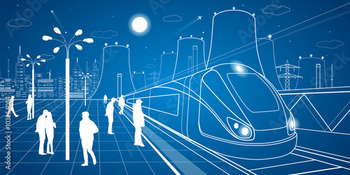 Railway station, people waiting for the train, industrial and transport illustration, energy plant, vector design art