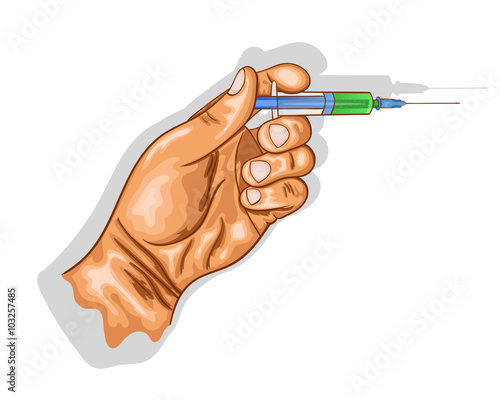 hand holds the syringe with the vaccine.
