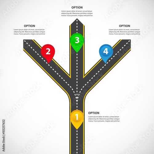 Diverging roads with arrows, bright map pointers and text fields - Vector infographics