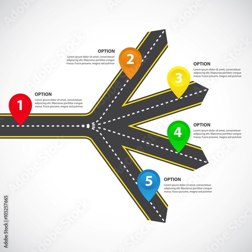 Diverging roads with arrows, bright map pointers and text fields - Vector infographics