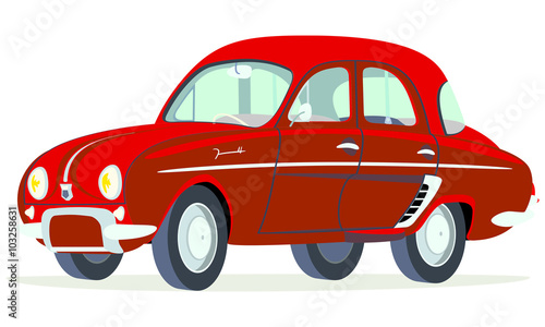 Caricatura Renault Dauphine rojo vista frontal y lateral