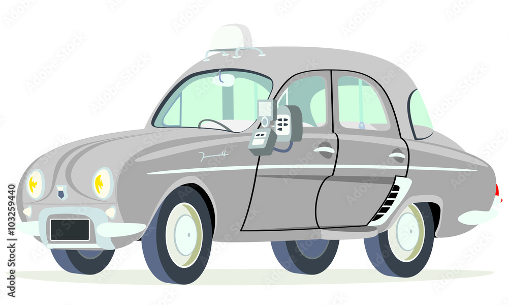 Caricatura Renault Dauphine Taxi París - Francia vista frontal y lateral