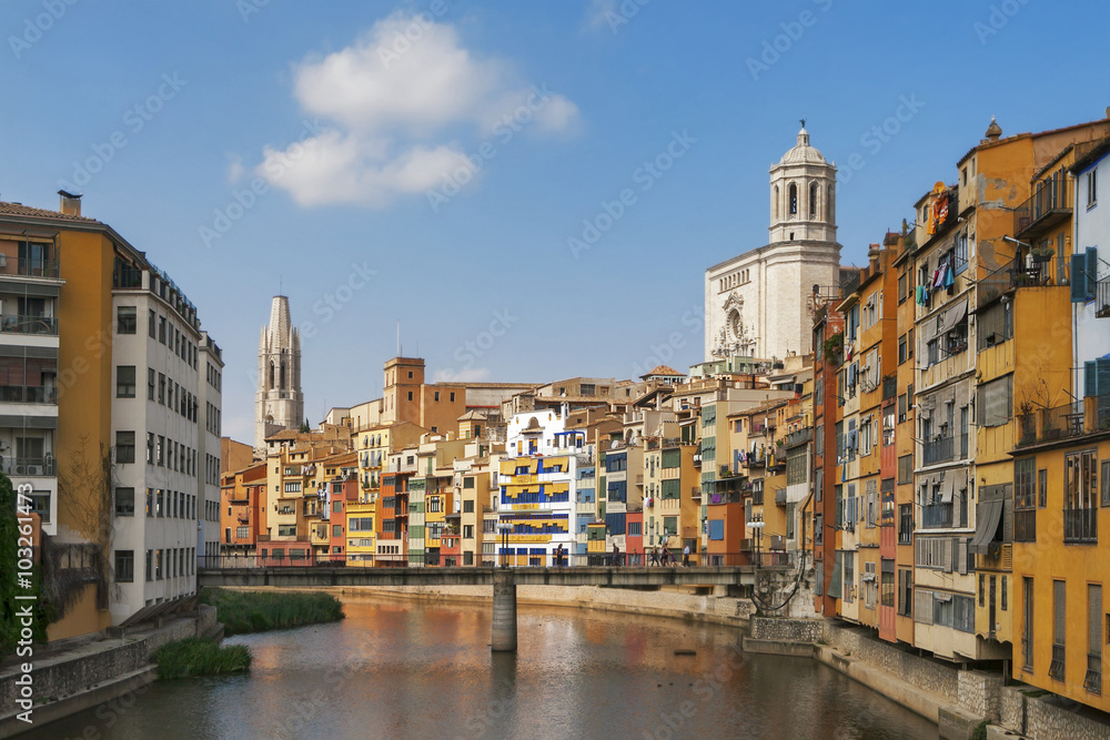  The old quarter of Girona with Onyar river, Eiffel bridge and t