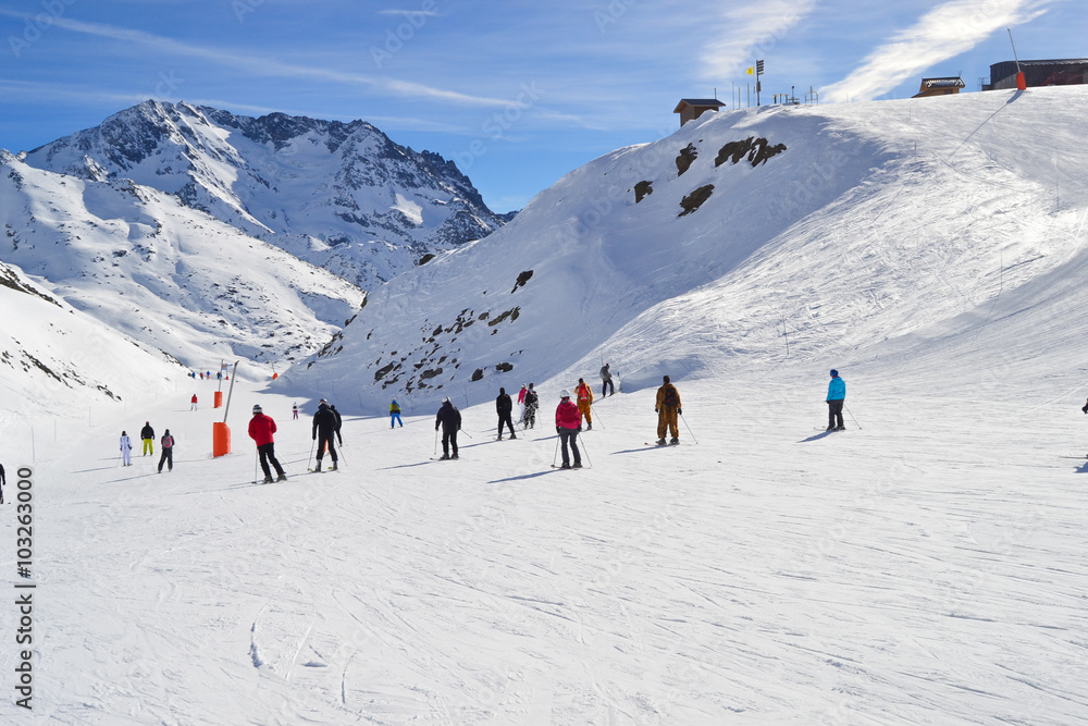 People skiing in a french ski resort in the Alps