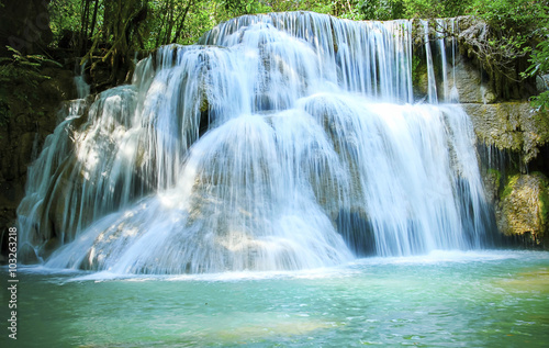 Huay Mae Kamin Waterfall and wood floor Kanchanaburi Province. T