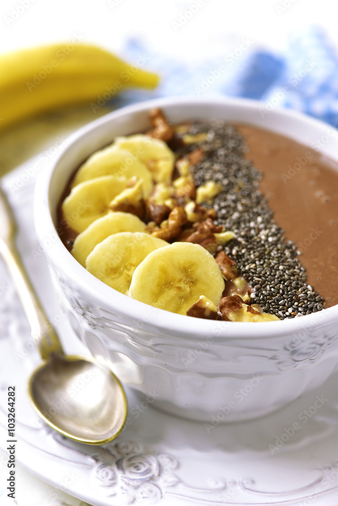 Chocolate banana smoothie with walnuts and chia seed. Chocolate banana smoothie with walnuts and chia seed.