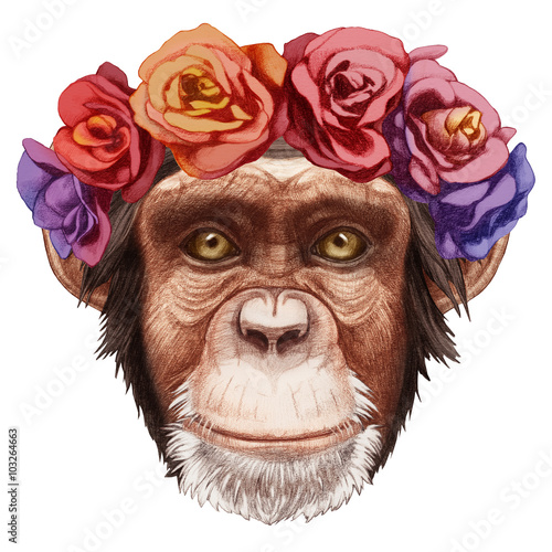 Portrait of Monkey with floral head wreath. Hand-drawn illustration  digitally colored.