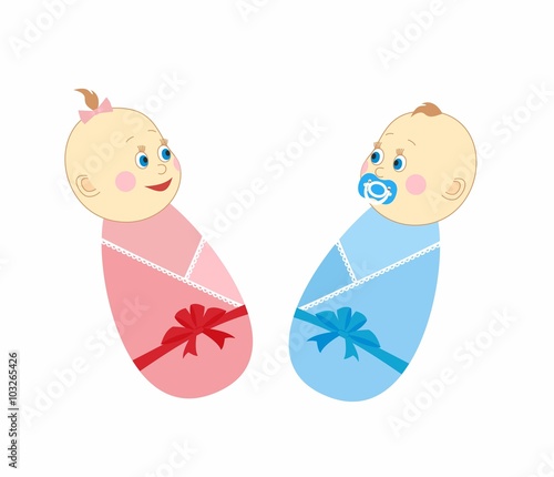 Newborn boy and girl. Vector illustration