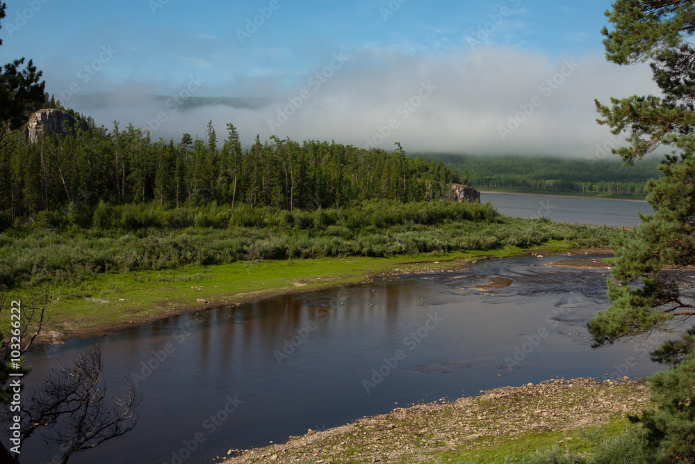 Top view of a big river. Lena river. Yakutia. Russia. Top view of a big river. Lena river. Yakutia. Russia.