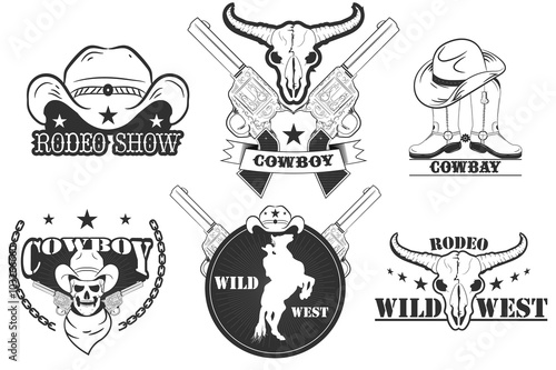 Set of Wild West vintage rodeo emblems, labels, logos, badges and designed elements.  Monochrome style