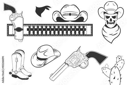 weapons, clothes, revolver, hat, cactus, elements of the wild West. Rodeo.