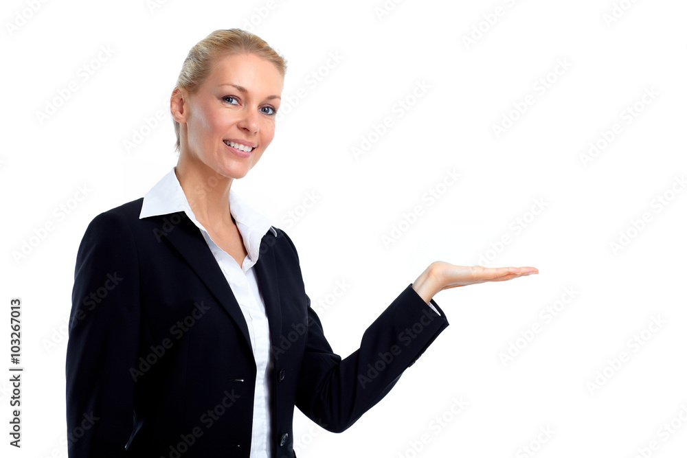 Beautiful business woman presenting copy space. Beautiful business woman presenting copy space.