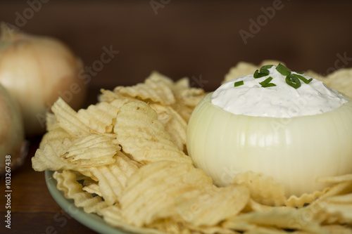 Onion filled with onion dip & potato chips