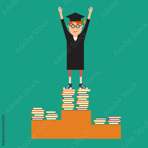  Graduate glasses, robes and a hat standing on the top step of t