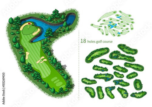 Golf course map 18 holes layout. Top view of vector map color illustration photo