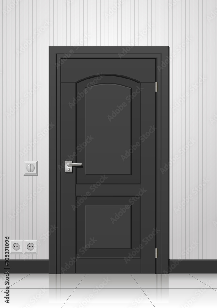 Door in the wall of the room with a frame and handle chrome Door in the wall of the room with a frame and handle chrome