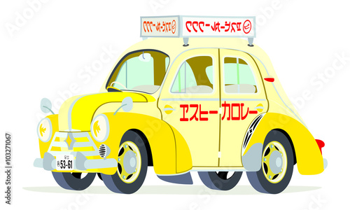Caricatura Renault 4CV - Hino PA 62 taxi Tokio - Japón vista frontal y lateral