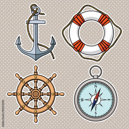 Vector set with isolated anchor, lifebuoy, ship's wheel, compass.