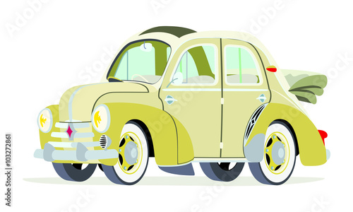 Caricatura Renault 4CV Cabriolet abierto Beige vista frontal y lateral