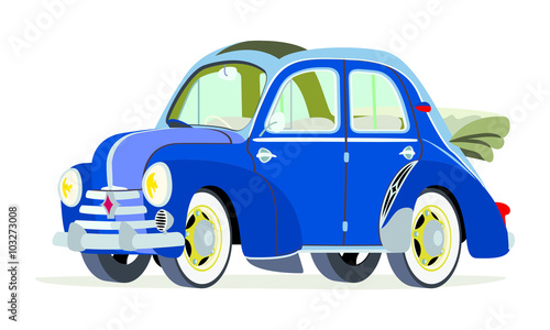 Caricatura Renault 4CV Cabriolet abierto Azul vista frontal y lateral