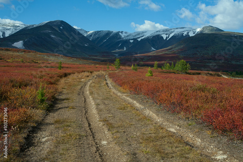 Dirt road in the autumn mountains. Polar Urals. Russia.
