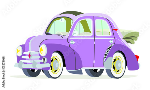 Caricatura Renault 4CV Cabriolet abierto Violeta vista frontal y lateral