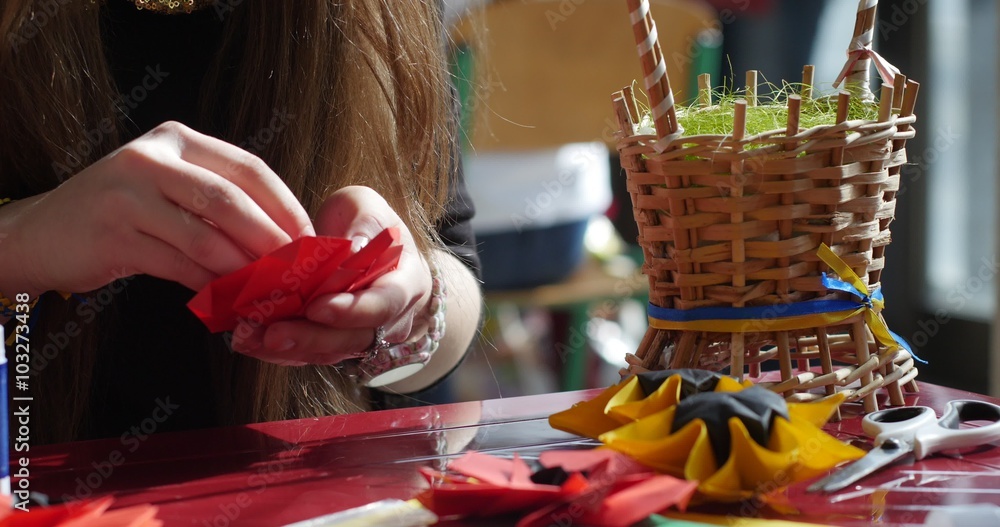 Girl Uses Glue And Makes Red Flower From Paper Kids Make Origami From