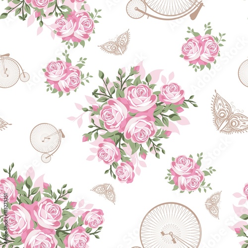 Pink Flowers, Butterflies and Bicycles Seamless Pattern