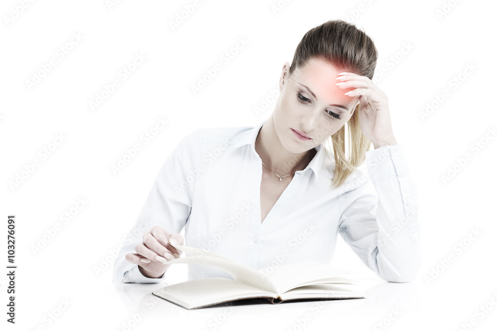 Businesswoman with documents having headache Businesswoman with documents having headache