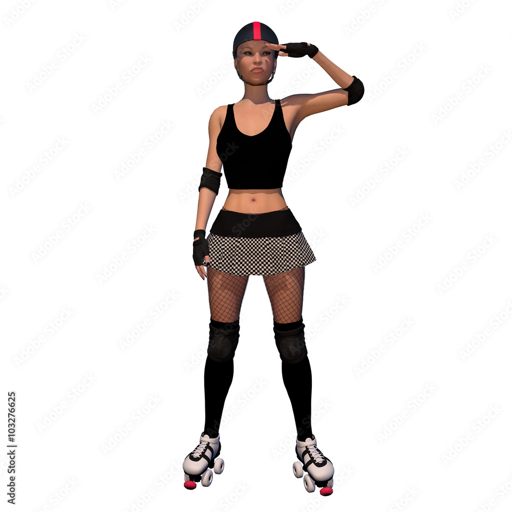 Roller Derby Girl Salute With White Isolated Background Roller Derby Girl Salute With White Isolated Background
