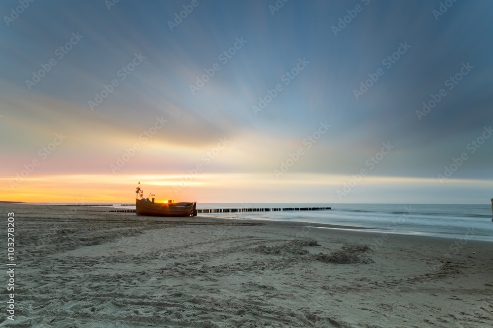 seascape-boat, sand, beach, sea and sunset