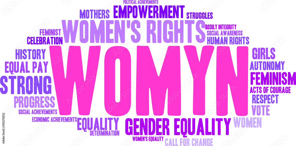 Womyn word cloud on a white background. Nonstandard spelling of the word women adopted by some feminists. Womyn word cloud on a white background. Nonstandard spelling of the word women adopted by some feminists.